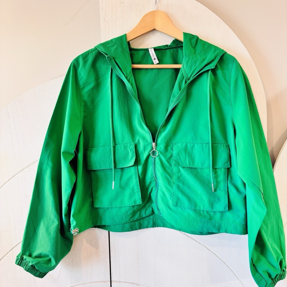Love Tree Green Nylon Windbreaker Hooded Drawstring Hem Flap Pockets Size Large